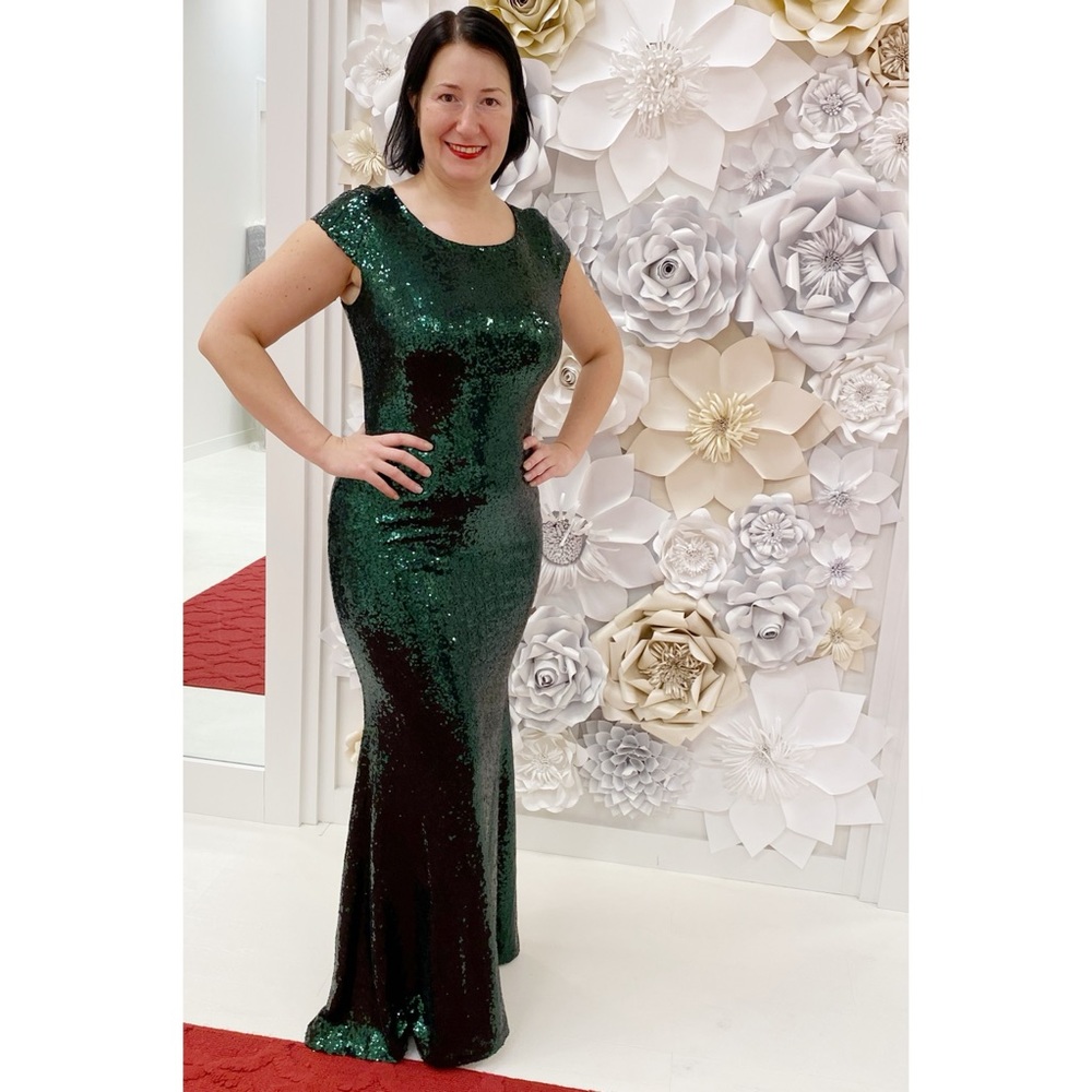 Green Sequin Tight Form Fitting Christmas Holiday Church Evening Gown Dress szL